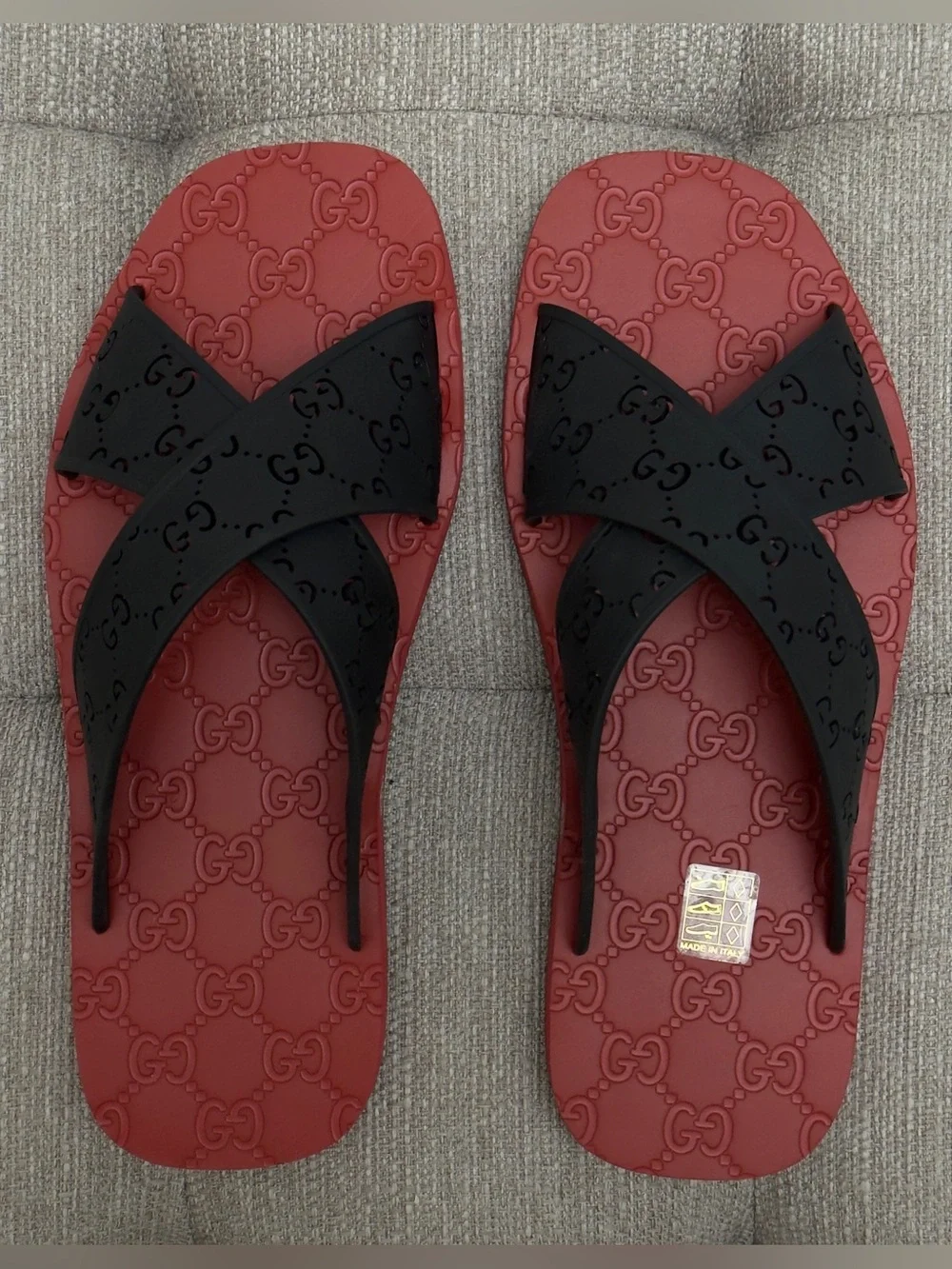 Gucci Black & Red GG Embossed Cross-Strap Slide Sandals